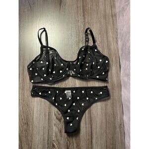 Knotty Knickers Mesh Semi-Sheer Heart Dots Underwire Bralette Thong 2 Piece NWOT